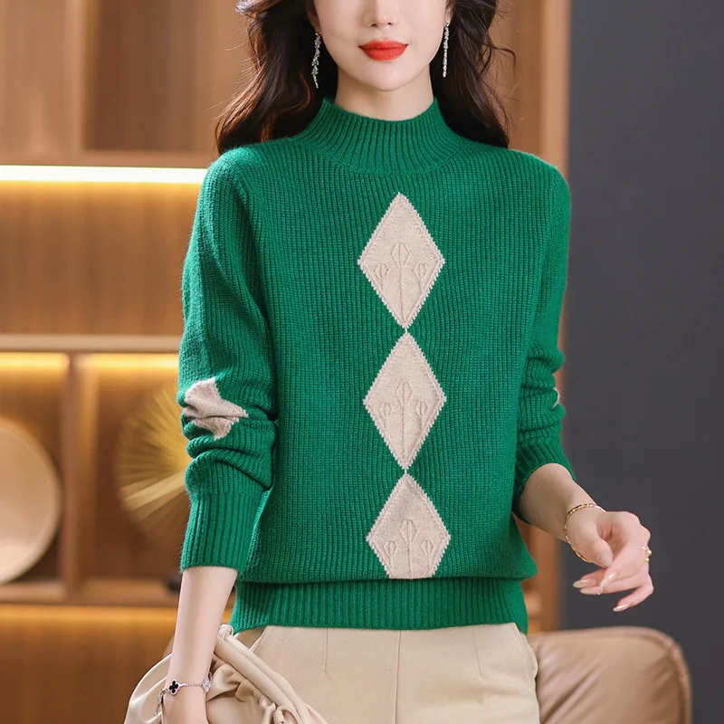 New Middle-aged Mother Short Fashion Knitted Sweaters Women Pullovers Autumn Winter Casual Warm Knitwear Femme Jumper