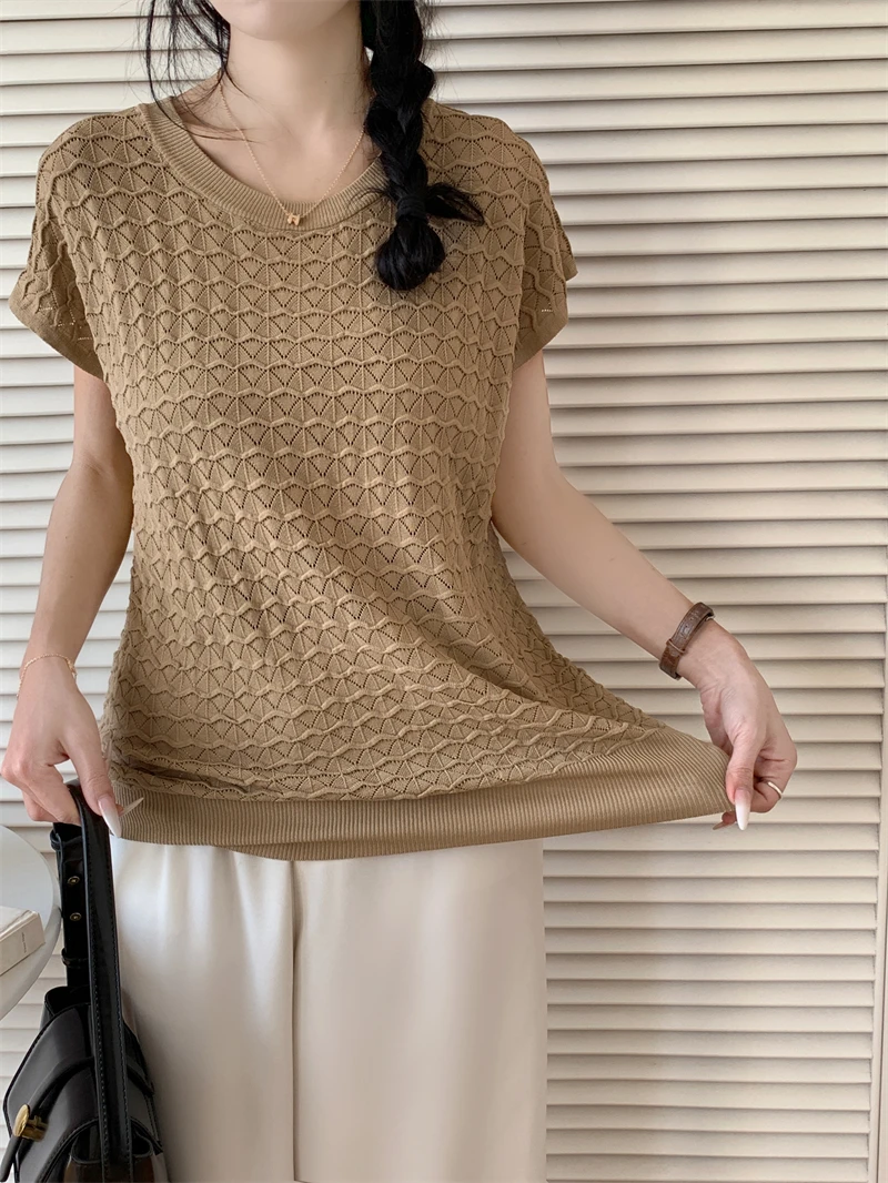 Japanese Style Office Lady Aesthetic Oversized Knitted T Shirt Women Spring Summer Casual Elegant Loose Tops Cheap Wholesale