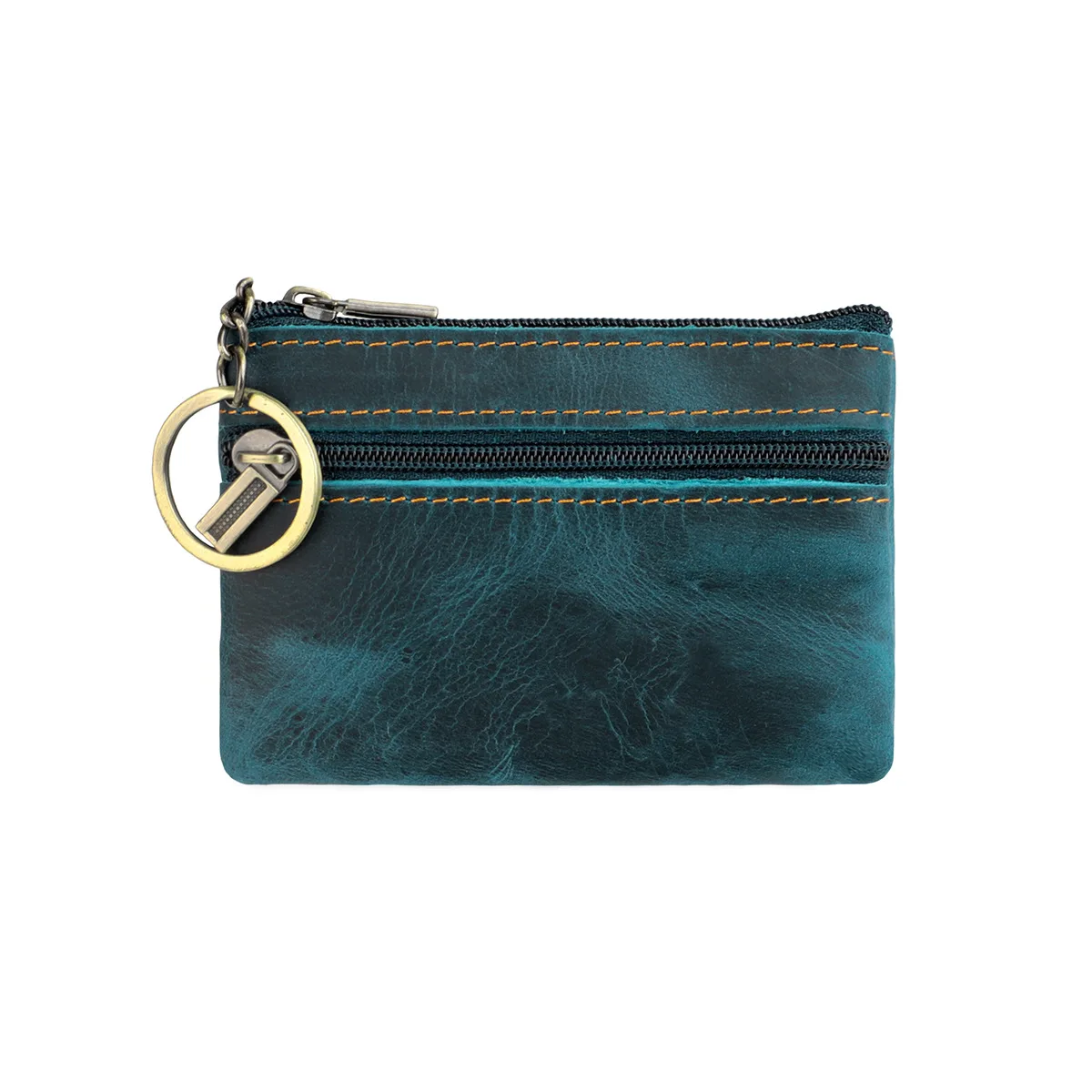 Dompet Koin Mini Antik Dompet Kecil Kulit Asli Pria Wanita Coklat Hijau Merah Ritsleting Ganda Tempat Kartu Tas Uang dengan Gantungan Kunci