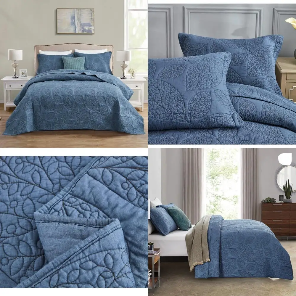 

King Size Botanical Cotton Quilt - Leaf Pattern, Real Stitching - Soft Lightweight Bedspread Coverlet Set