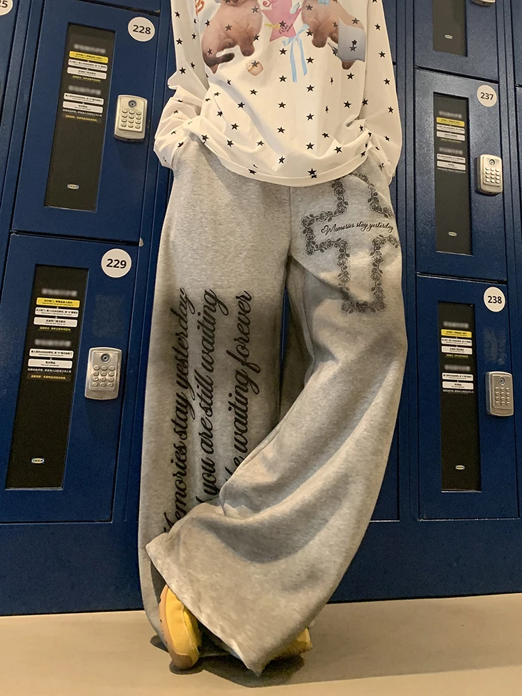 ReddaChic Gray Dirty Women Sweat Pants Causal Oversized Do Old Letter Printing Elastic Waist Drawstring Joggers Skater Bottoms