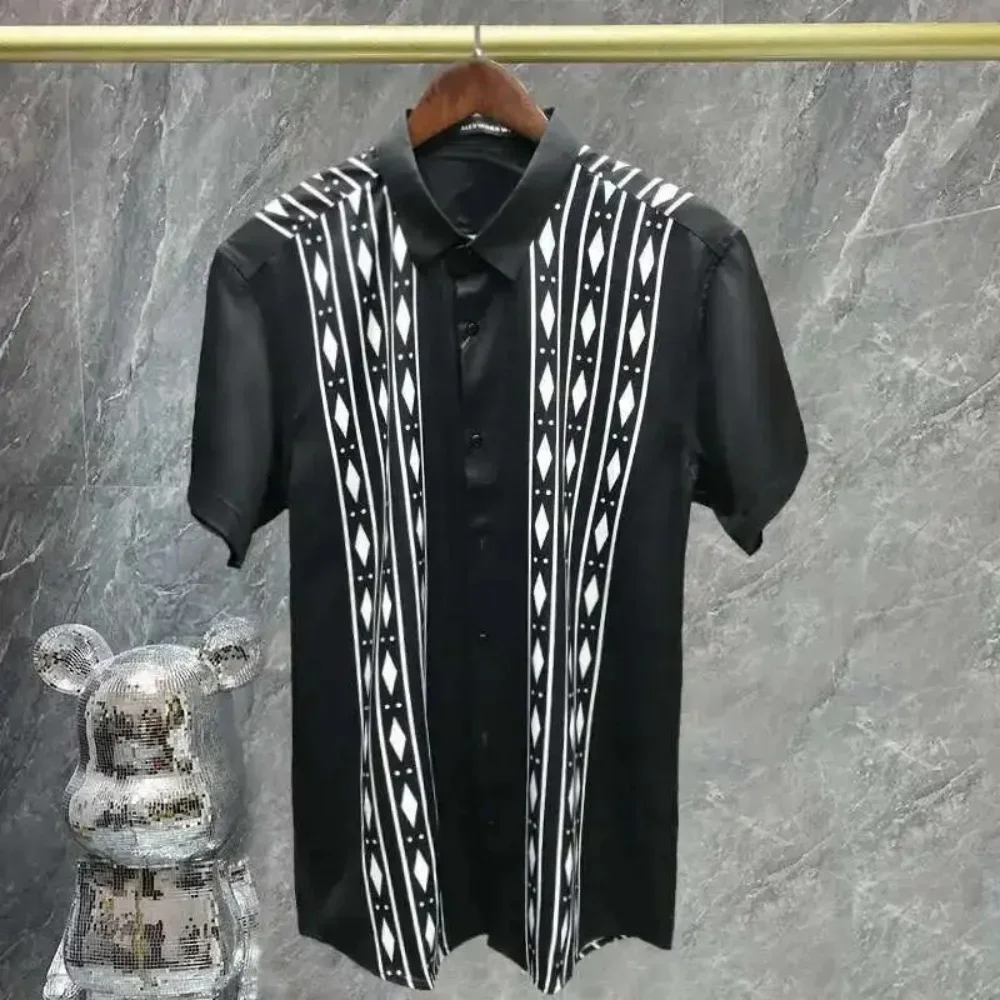 

New Vintage Shirt For Men 3D Stripe Printed Casual Lapel Button Tops Summer Fashion Men Short Sleeve Tees