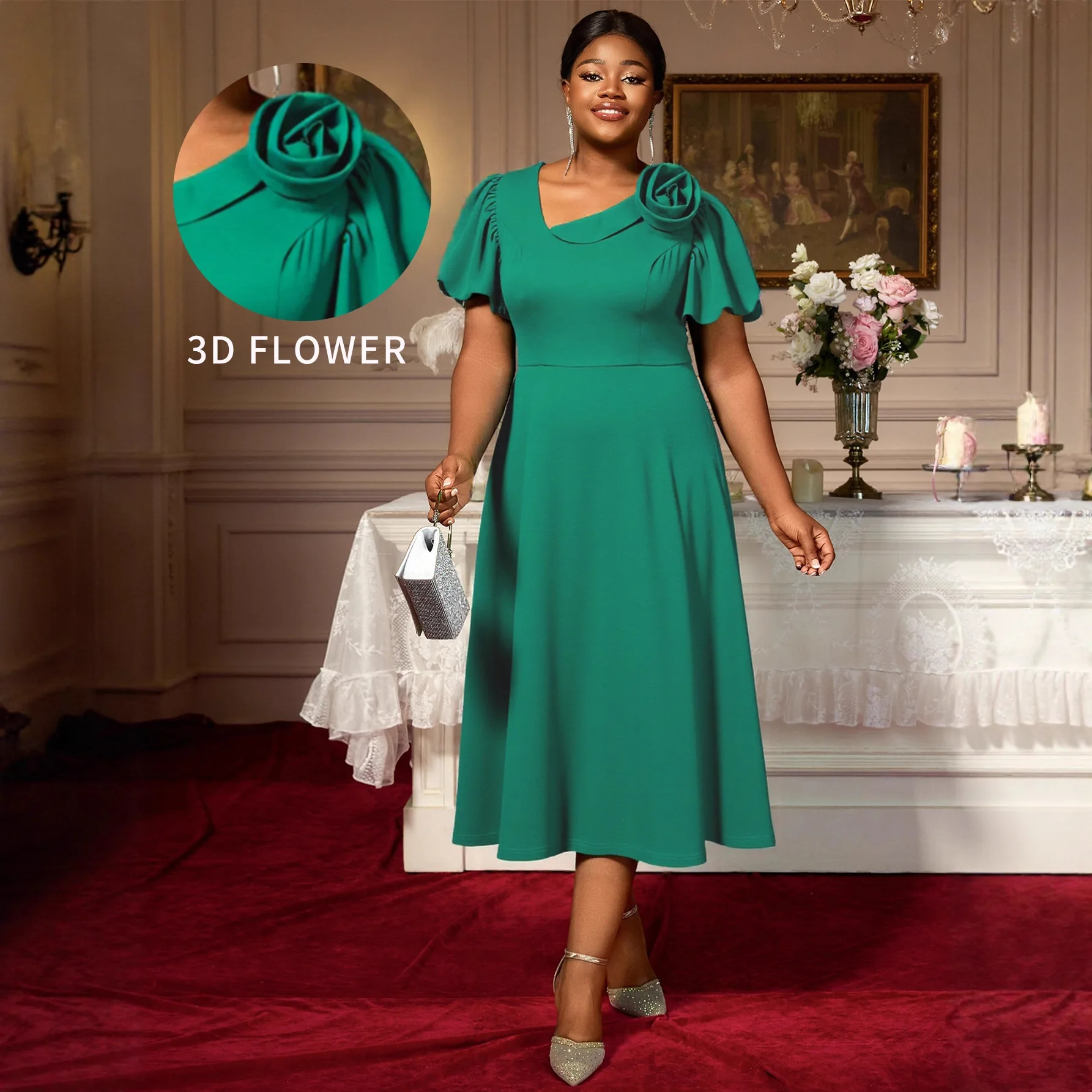 

Plus Size Women's Clothing Puff Sleeve Asymmetrical V-neck Dress Single Shoulder 3D Flower Elegant Wedding Party