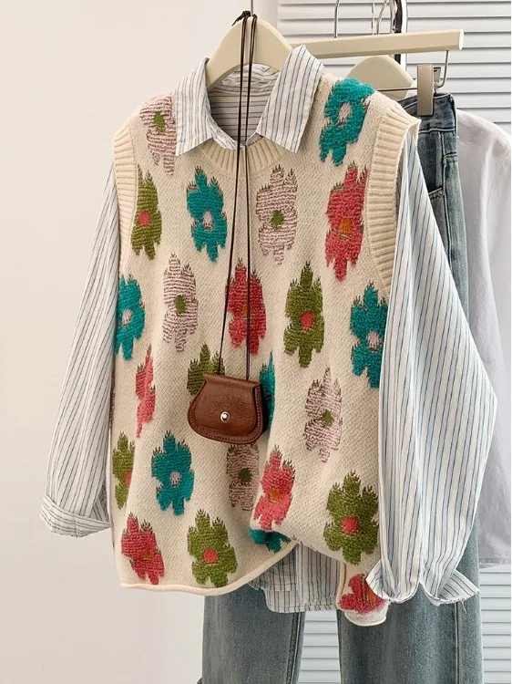 2025 가을 겨울 플러스 사이즈 여성용 라운드 넥 풀오버 베스트 탑 아젤 플로럴 자수 스웨터 자켓