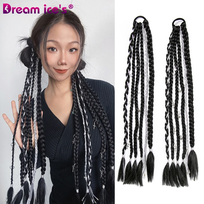 Long Synthetic Hair Chignon Tail With Rubber Ponytail Black Hairpiece Pony Braid Hair Ponytail Extensions Black Color For Women