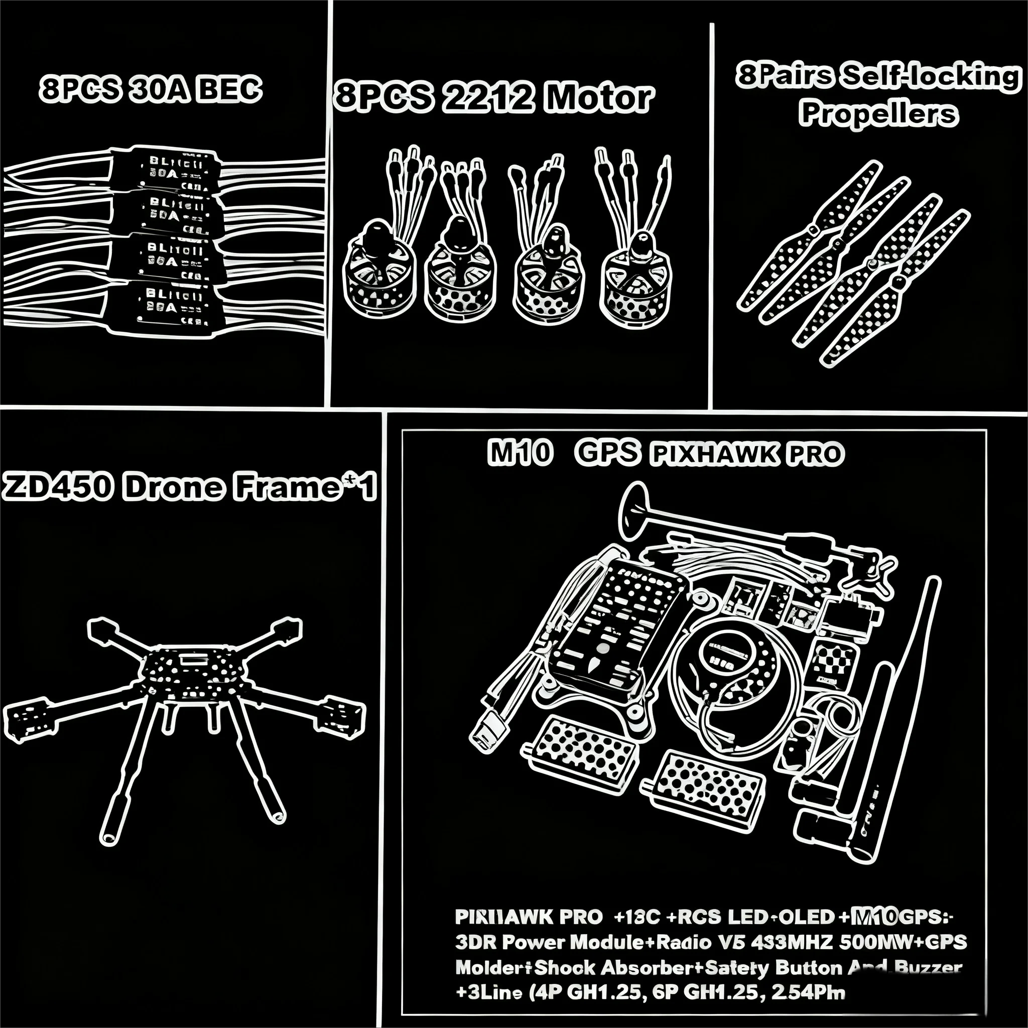 

F450 PIXHAWK PRO M10 Двойной двигатель Flight FiberFrame Kit Ardupilot 100 МВт Радиотелеметрия Квадрокоптер BLHELI 30A ESC 2212 Двигатель