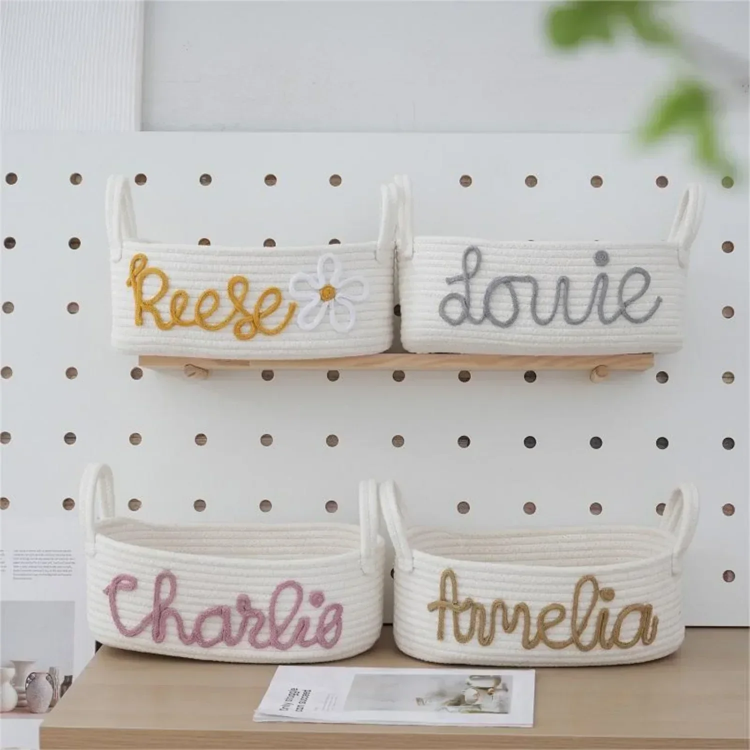 Personalized Baby Name Basket Cotton Rope Basket Diaper Caddy Custom Cotton Rope Room Shelf Storage Basket