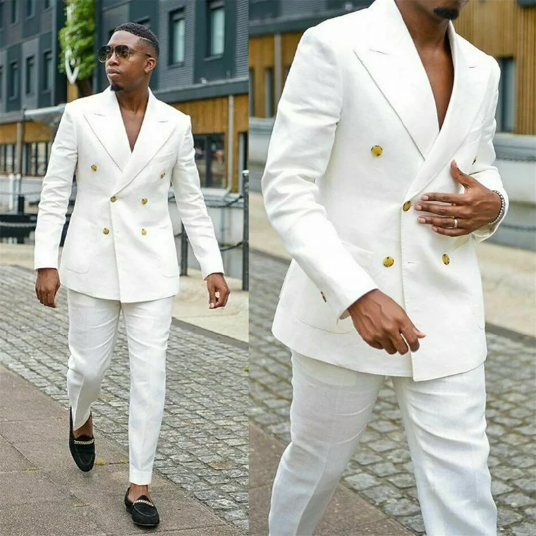 2 Piece New Ivory Men Tuxedos Business Suit Groom Double Breasted Groomsman Prom Wedding Party Formal Set Jacket And Pants