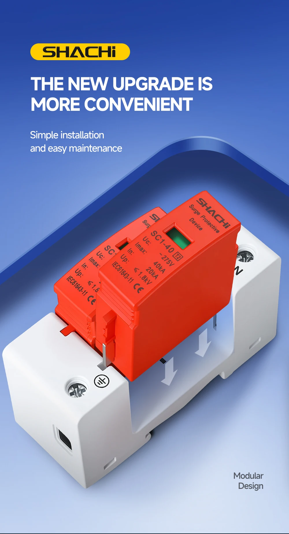 SHACHI AC SPD 2P 20-40KA 30-60KA 275V 385V Haus-Blitzschutzgerät Niederspannungs-Überspannungsableiter – Detail 6
