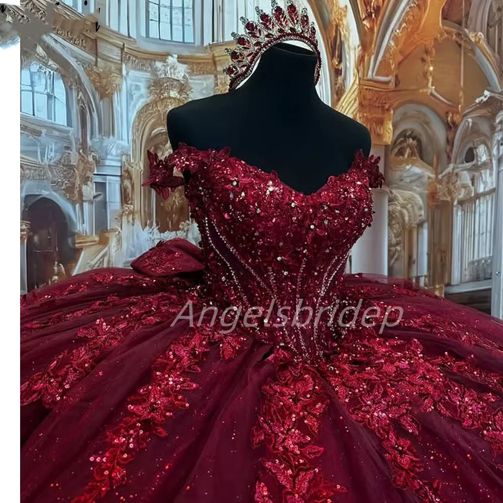 ANGELSBRIDEP dostosowane 2025 luksusowa bordowa suknia balowa sukienki na Quinceanera 3D kwiat frezowanie Vestidos De 15 Anos formalna impreza