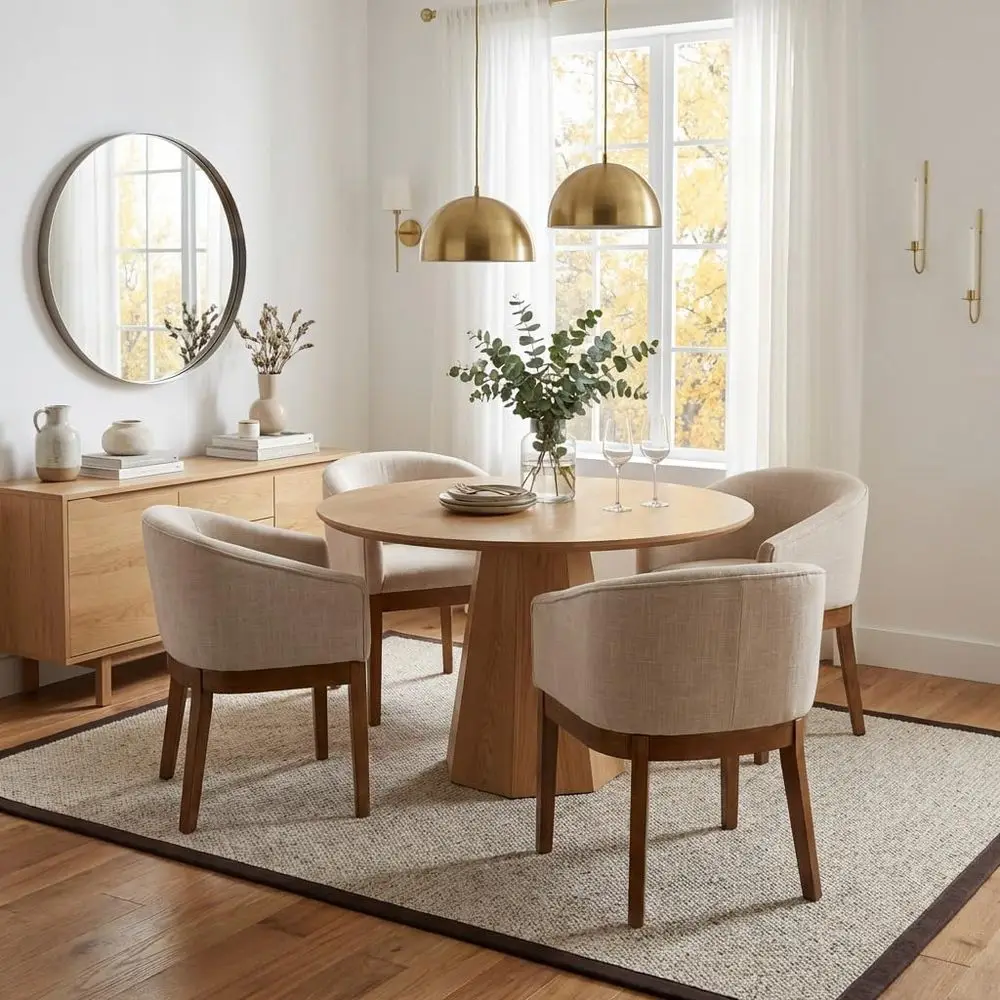 

Linen-Covered Dining Chairs Set of 4 with Curved Backrests and Natural Wood Legs, Beige