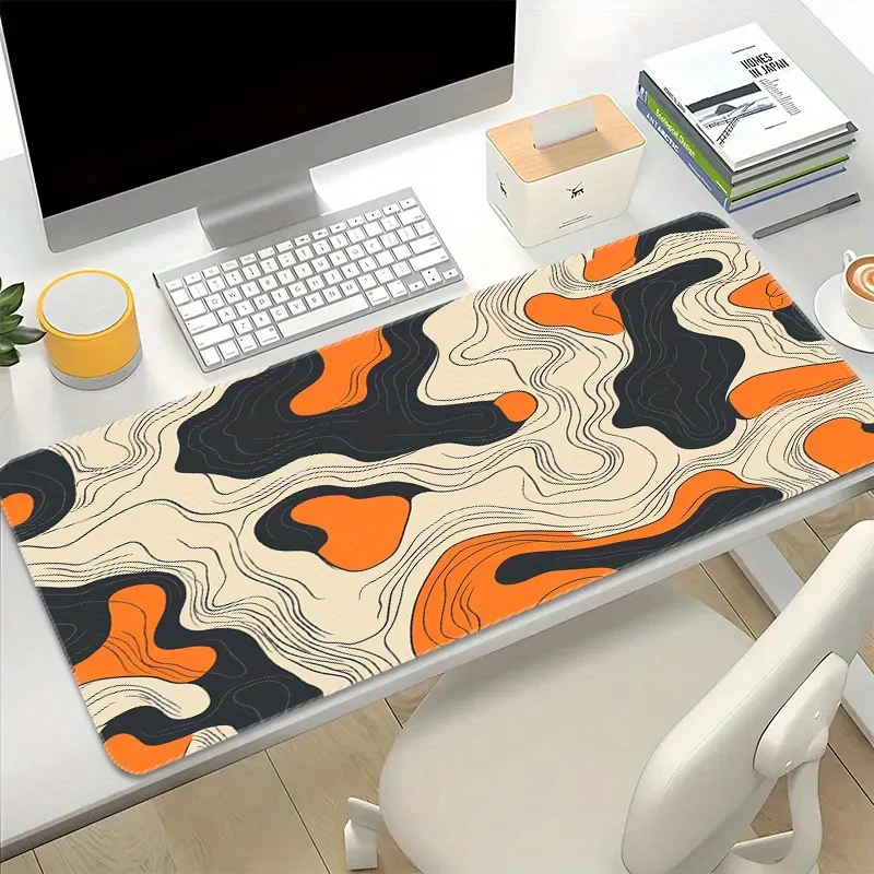 Large Anti-slip Gaming Mouse Pad with Abstract Orange and Black Design, Rubber Base Keyboard Mat for PC Gaming and Office Use