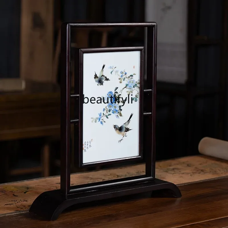 

A029 Solid wood partition desktop small screen insert antique ceramic hand-painted ornament Chinese table screen