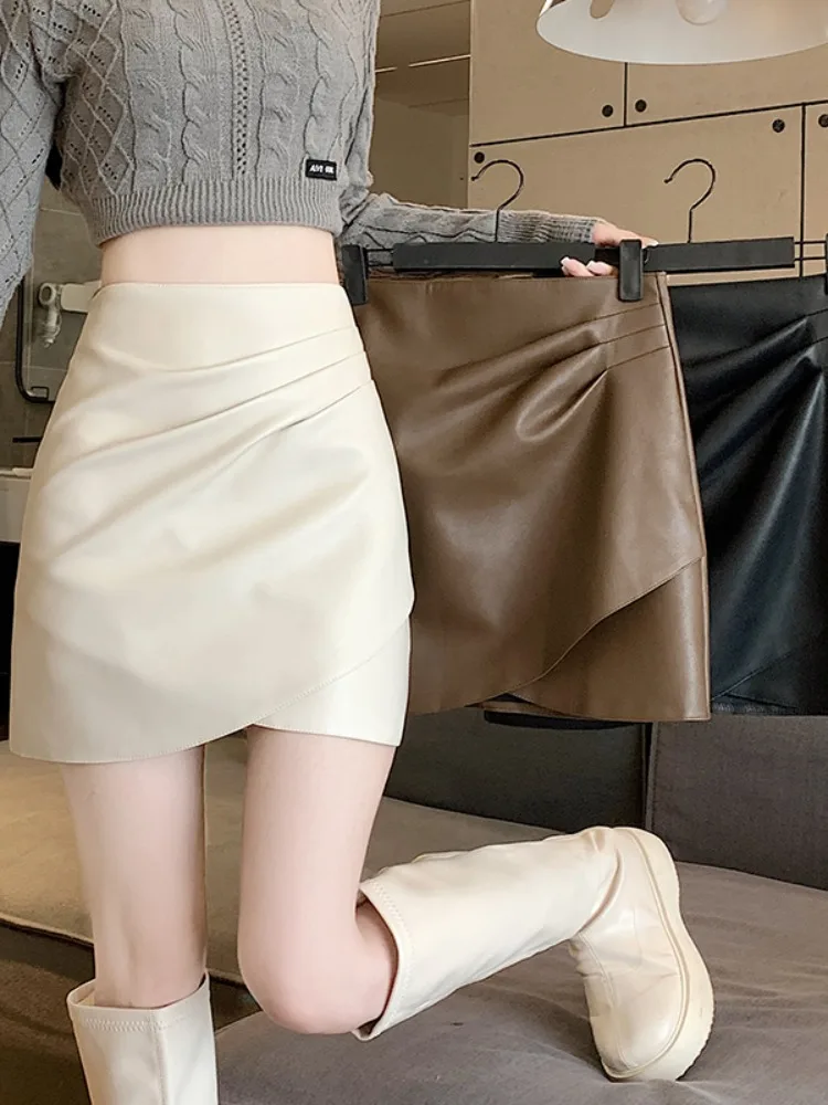 

Asymmetric PU Leather A-Line Skirt for Women High Waist Commuter Sle ort Skirts Spring Autumn New Arrival Ele