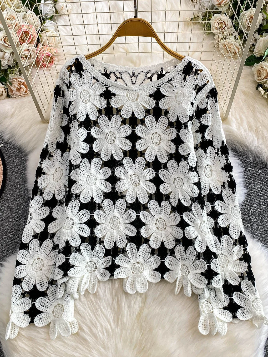 

N Holiday Sle кружевной крючок ажурный круглый вязаный свитер женская верхняя одежда свободный утягивающий топ корейская версия