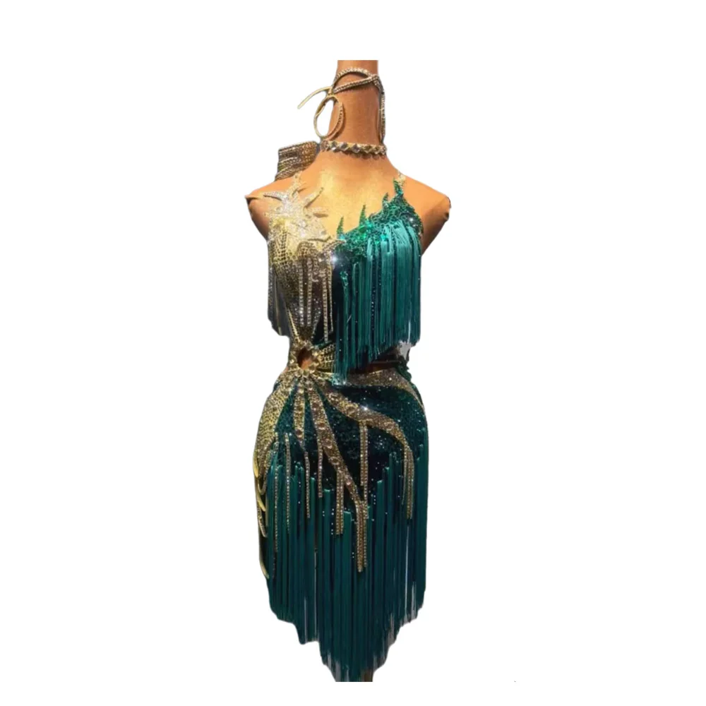 Latin Dancer, Adult And Children's High-End Customized Two-Color Patchwork Dress, Black Pool AB Stone Practice Race Dress
