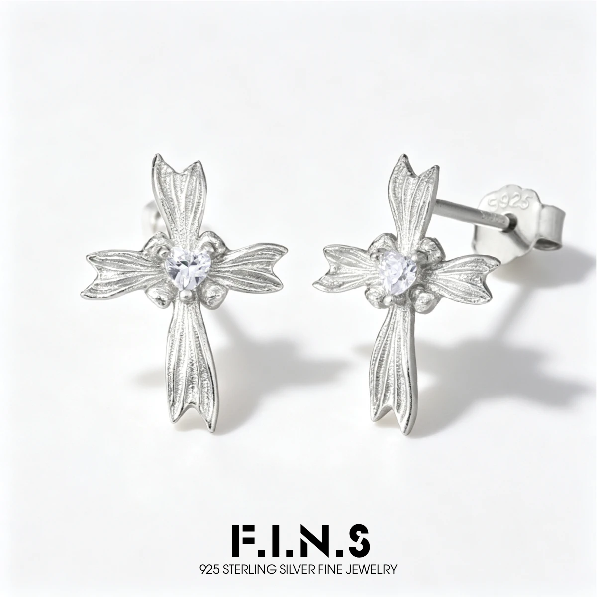 F.I.N.S Minimalist S925 Sterling Silver Fishtail Cross Stud Earrings For Women Ziconia Piercing Wedding Party Ear Jewelry Gifts