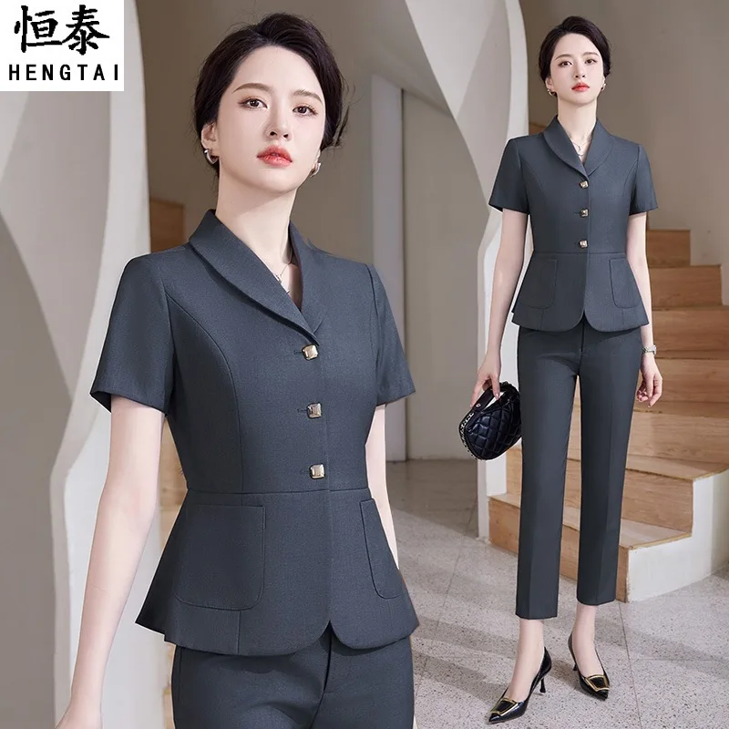 

Профессиональный комплект костюма для женщин, летняя тонкая рабочая одежда с короткими рукавами, официальная одежда для регистрации отеля, рабочая униформа официанта