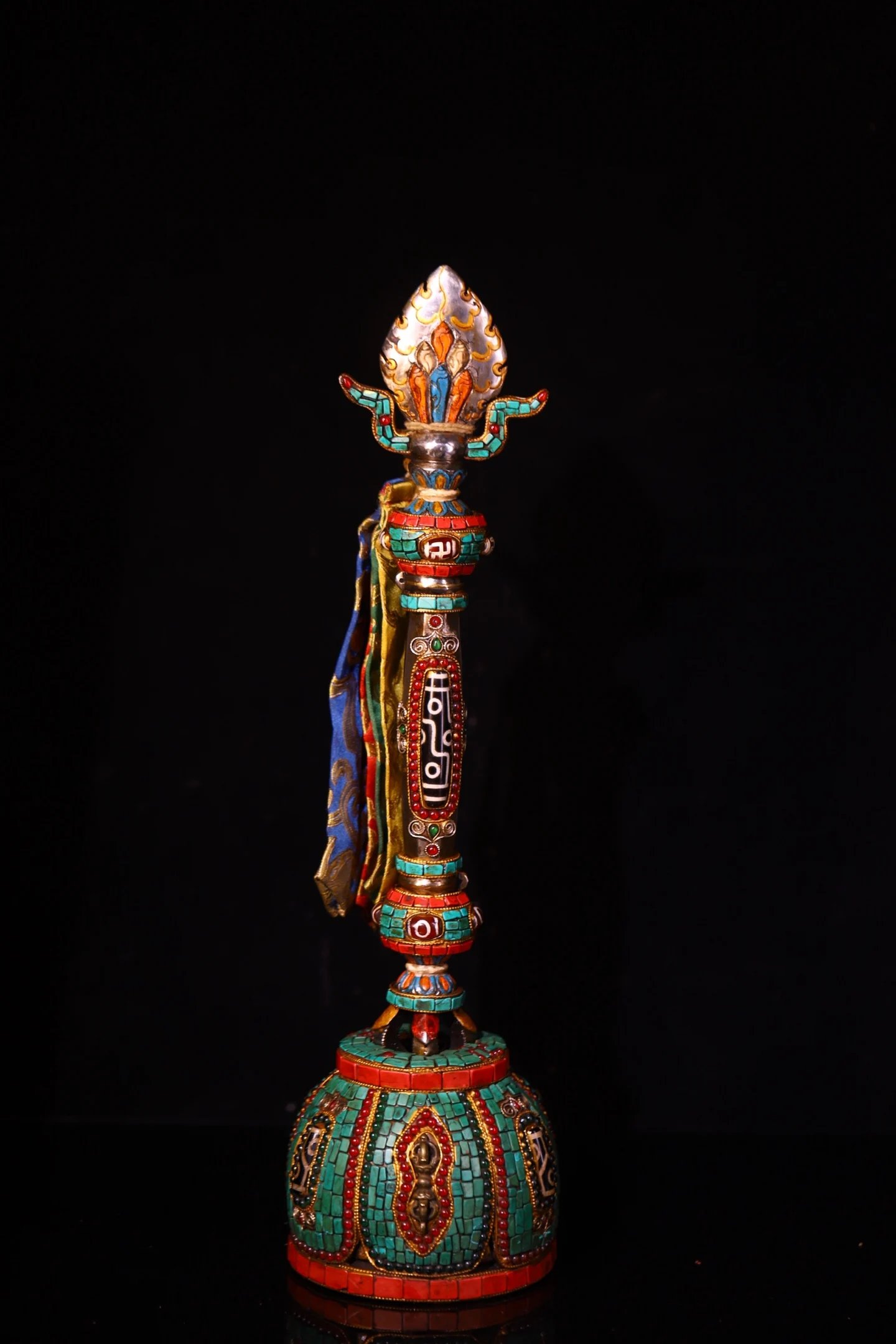 Old Tian Tie Painted Mosaic Gem gZi Beads Turquoise flame Fork shape Dorje Vajra Phurpa base Amulet Worship Hall Town house
