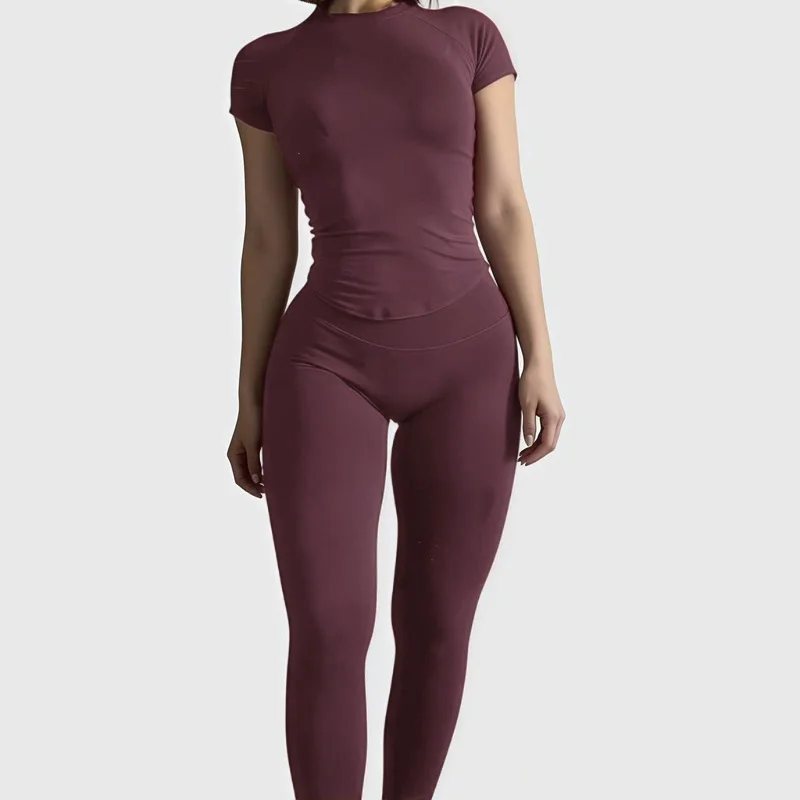 2-teiliges HISTELLO Sportbekleidungsset für Damen, kurzärmelig, nahtlos, niedrige Taille, Leggings, Gym, Yoga, Fitness, Laufen, tägliches Workout-Set – Detail 11
