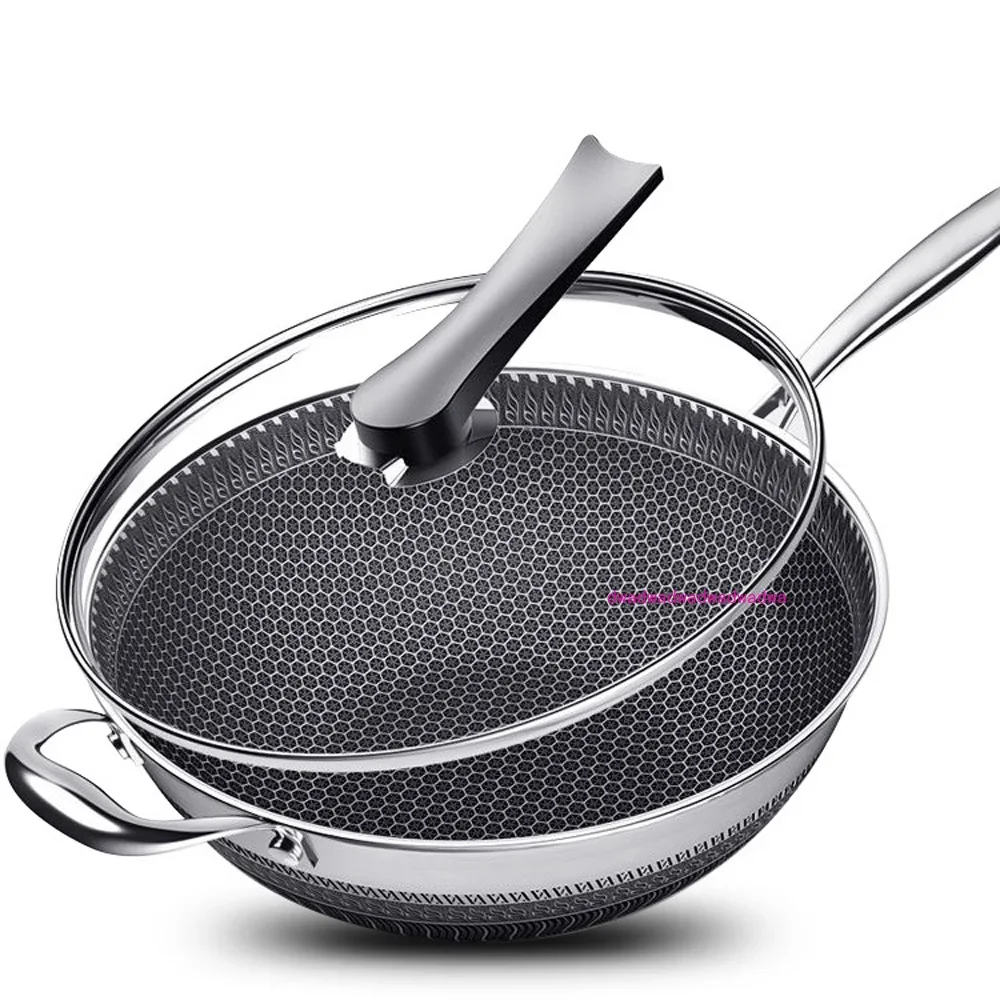 Stainless Steel Non Stick Double Sided Screen Honeycomb Wok Frying Pan Kitchen Chinese Cast Cooking Fry Pan 34cm