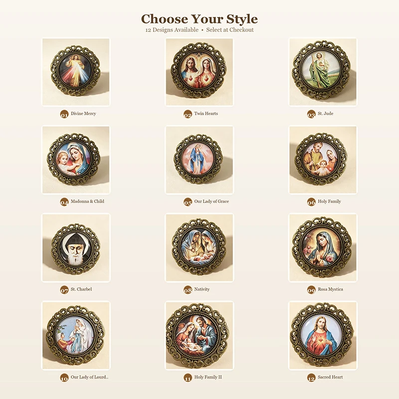 Twelve 35mm religious-themed brooches, suitable for use at baptism banquets and as gifts for Christmas. Excellent items for givi