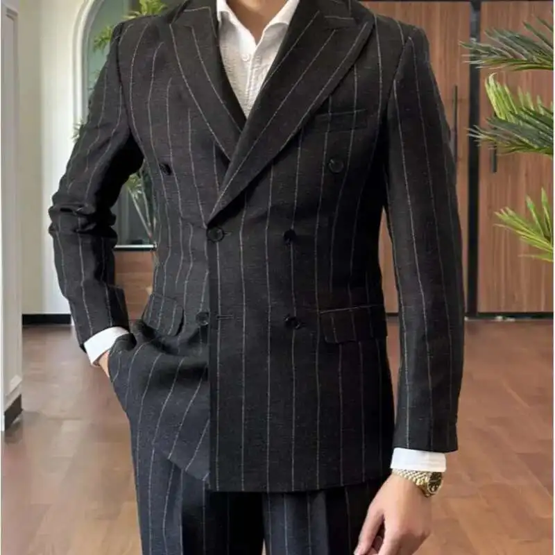 Men Suit Designers Slim Fit Business Casual Striped Double Breasted Suit Set Trend Traje Novio 2025 Men Tuxedo Suit Grooms Suit