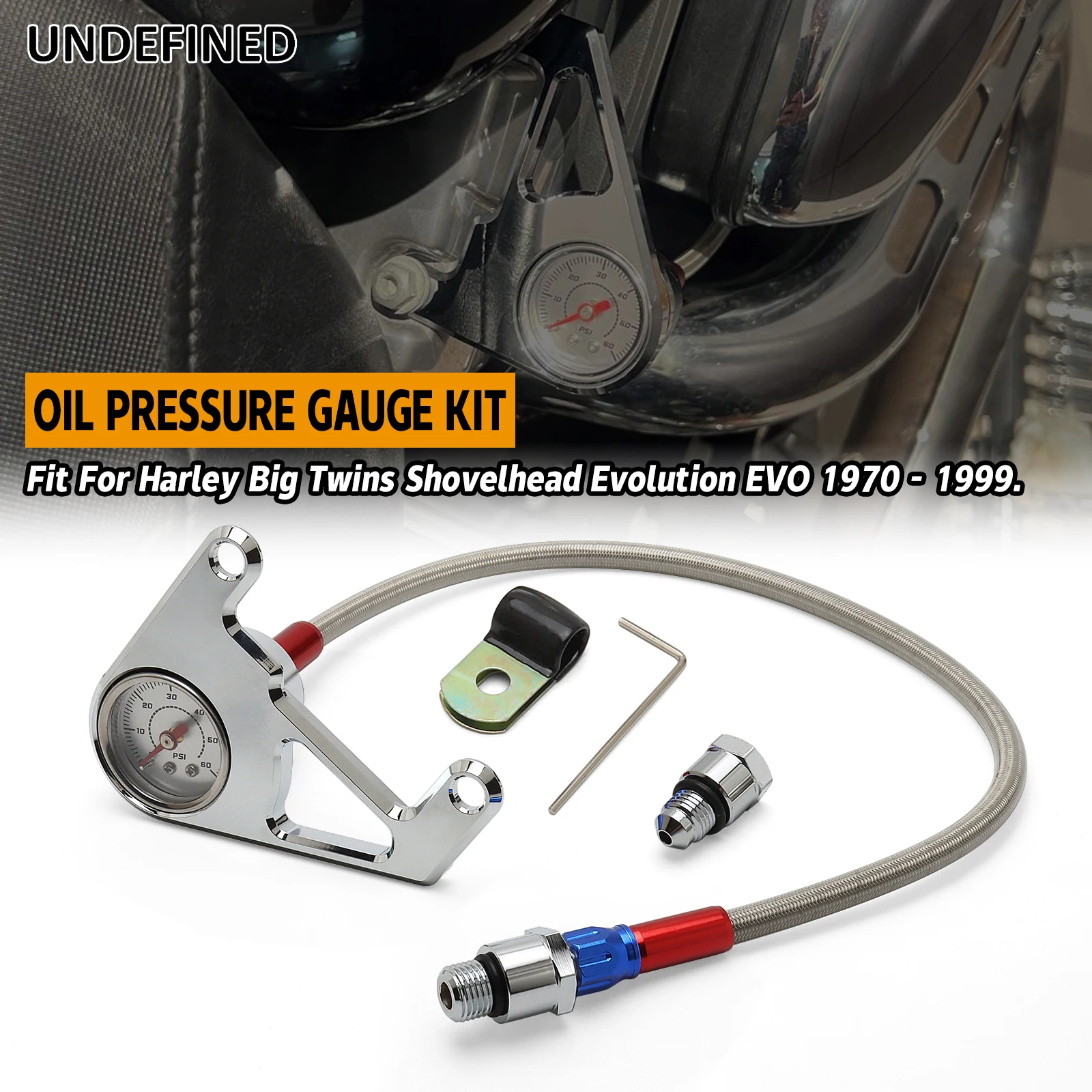 Oil Pressure Gauge & Fitting Kit 0-60psi for Harley Big Twins Shovelhead Evolution EVO 1970-99 FX FL 1970-84 Sportster 1984-99