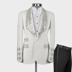 Glitter Crystals Diamond Suits Men Single Breasted Floral Prom Blazer Vest Trousers 3 Pieces Groom Wedding Tuxedos Bespoke Dress