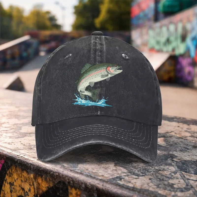 Rainbow Trout Pattern Washed Baseball Cap Unisex Duckbill Hat Casual Outdoor Sports Daily Wear