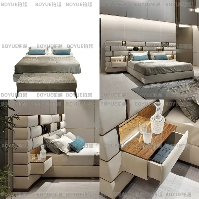 Modern Italian Style Widescreen Double Bed Light Luxury Matte Finish Master Bedroom Furniture Large Flat Floor  for