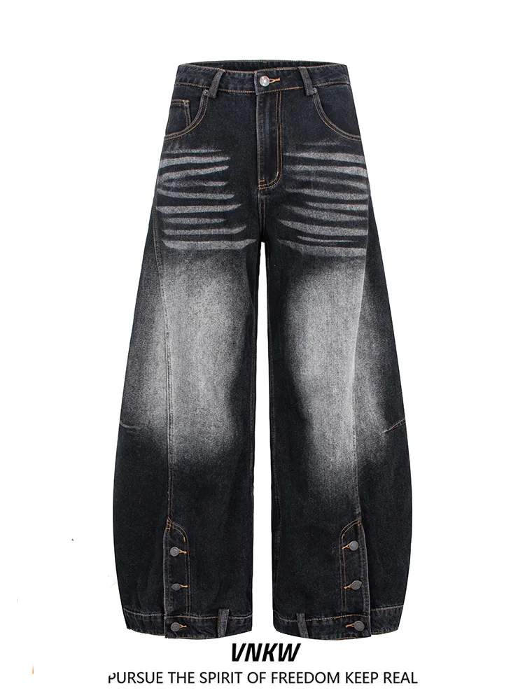 

Мужские джинсы в стиле ретро-американский кэжуал, широкие, с пуговицами, универсальные, с эффектом потертости, удлиненные