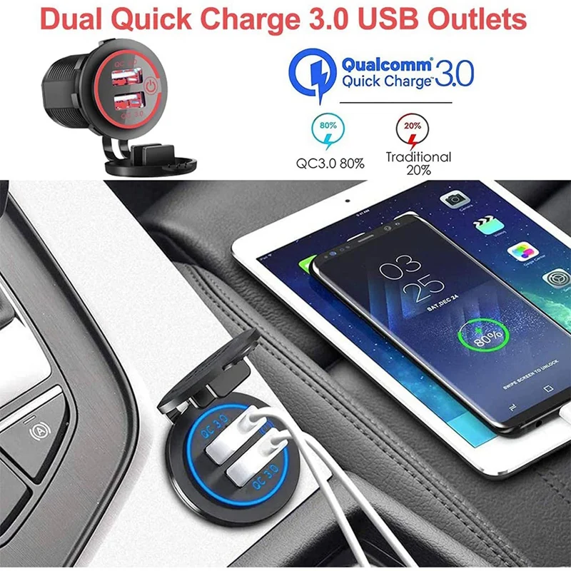 مقبس شاحن USB مزدوج New-3X QC 3.0، مخرج USB مقاوم للماء 12 فولت/24 فولت مع مفتاح لمس للسيارة والبحرية والقارب والمركبات الترفيهية والدراجات النارية، أحمر