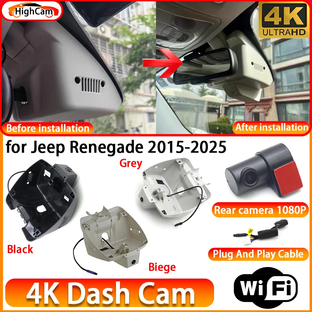 for Jeep Renegade 2015-2025 OEM 4K DVR Dash Cam Front Rear Camera WiFi Video Recorder Plug and Play Loop Recording Night Vision