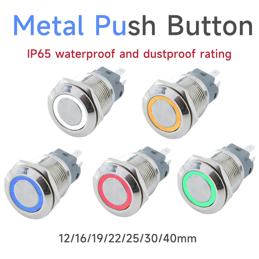 12mm 16mm 19mm 22mm metalowy przycisk włączania i wyłączania samoczynny reset blokady zasilania światło LED wodoodporny płaski okrągły przycisk 3-220v ip65