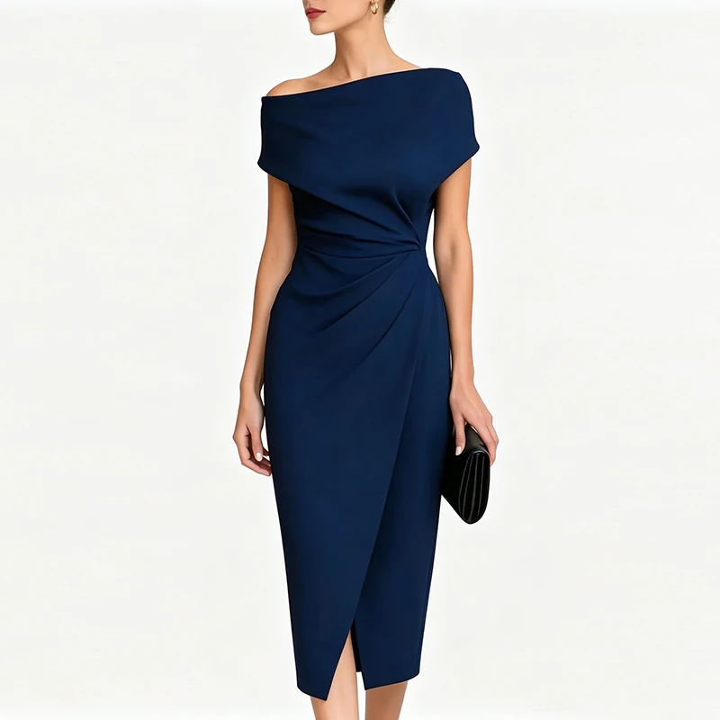 2026 Summer Women's New One-shoulder Waist Pleated Dress Banquet Commuting Slit Dress