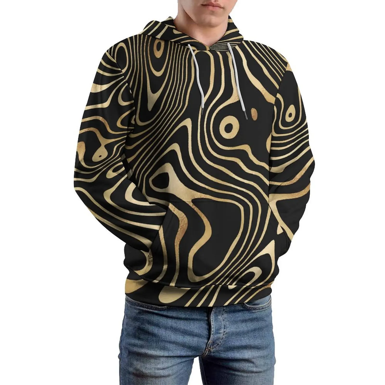 Abstract Swirls Casual Hoodies Male Black Gold Liquid Graphic Hooded Sweatshirts Winter Long Sleeve Street Style Oversize Hoodie