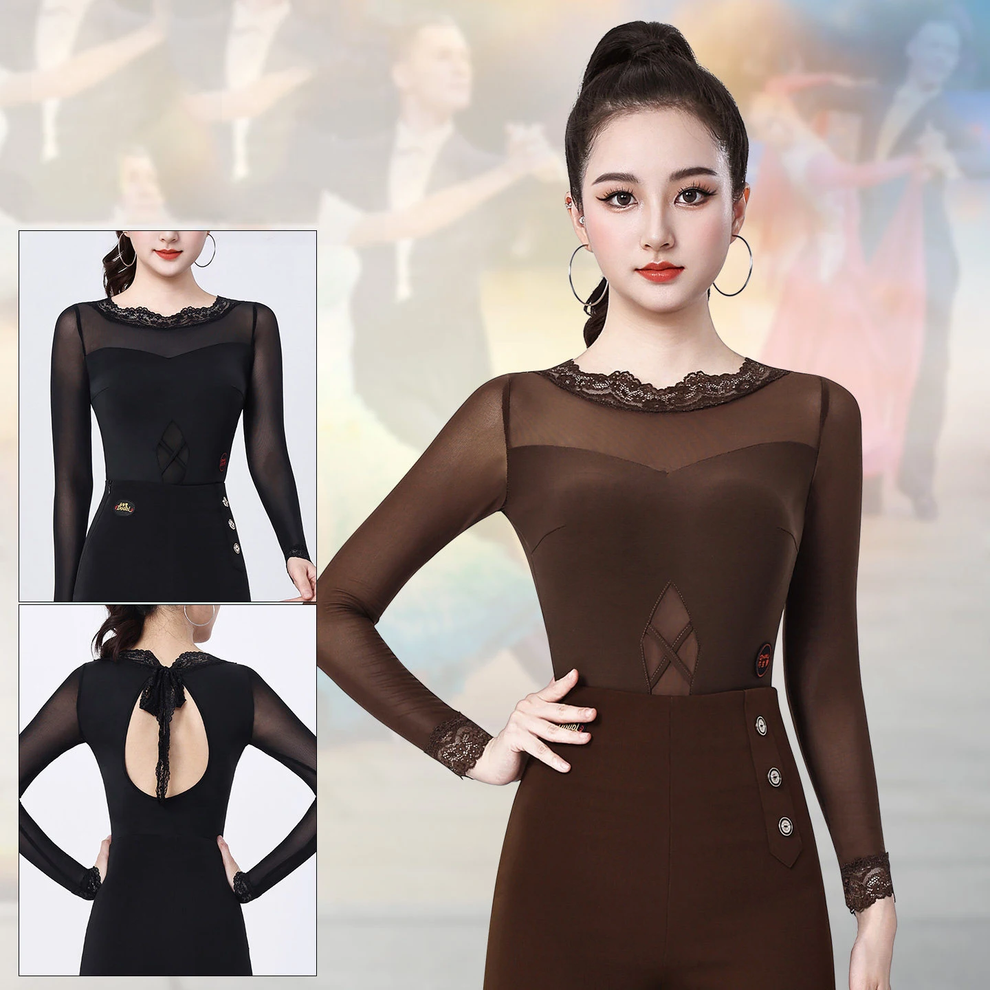 2026 New Latin Dance Tops For Women Mesh Sleeved Bodysuit Rumba Chacha Tango Dress Adult Female Modern Practice Clothes DQS24274
