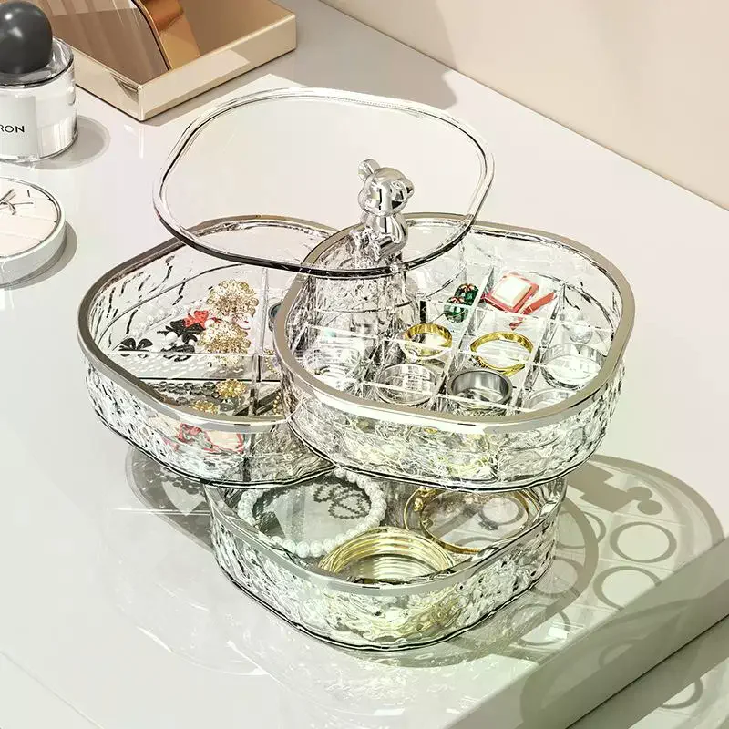 صندوق مجوهرات دوار، قسم شريطي شفاف، صندوق تخزين مجوهرات رائع، حلق، دبوس شعر وصندوق تخزين الخاتم