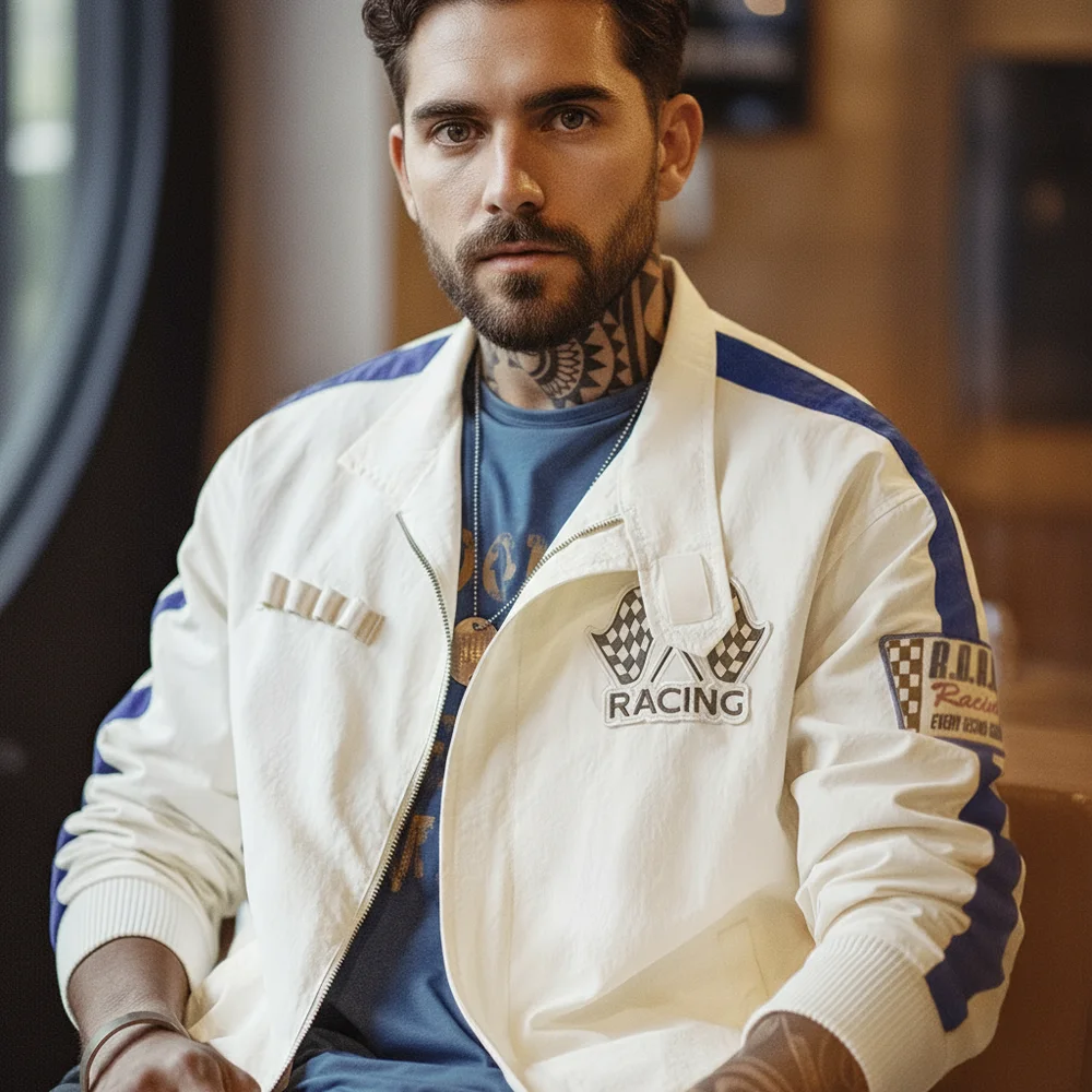 Maden Vintage Color Blocked Embroidered Racing Jacket Casual Baseball Collar Jacket Men's Spring Versatile Zip-up Outerwear
