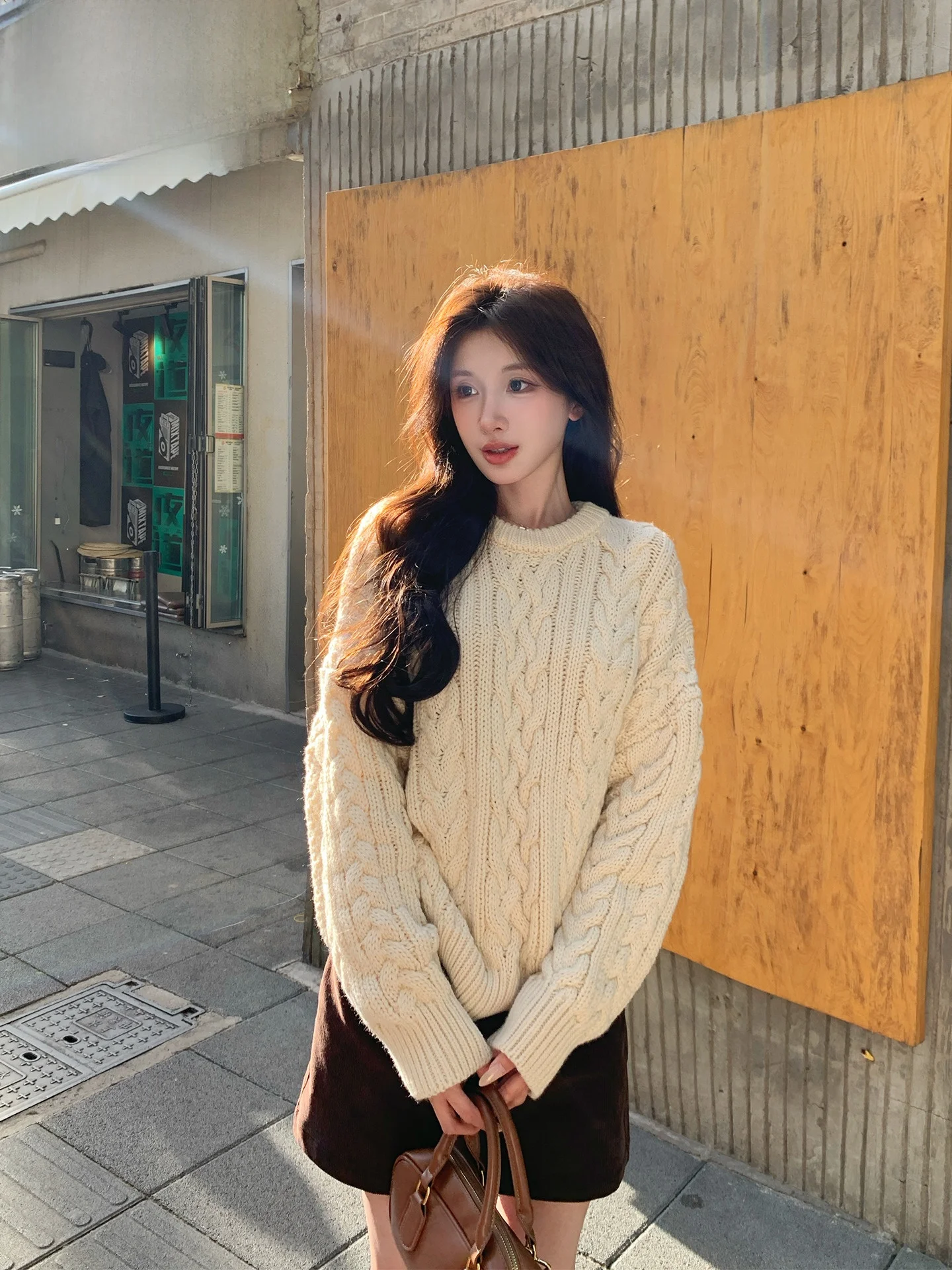 

Loose Knitted Sweater Women's Lazy Heavy-du Over-sized Turtlene Long Sve Warm Thermal Color Retro Twist Corridor
