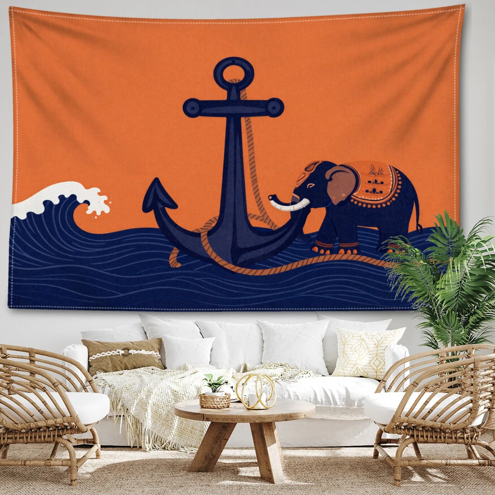 Orange Deep Blue Anchor Elephant Sea Wave Wall Tapestry, Boho Decor
