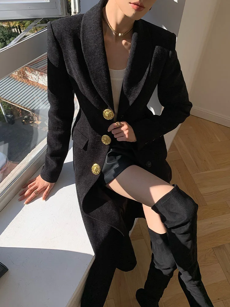 BZVW Black High-end Light Luxury Blazer Jacket Women\'s 2023 Winter Collection Waist Long Knee Length Woolen Coat Female 25X4237