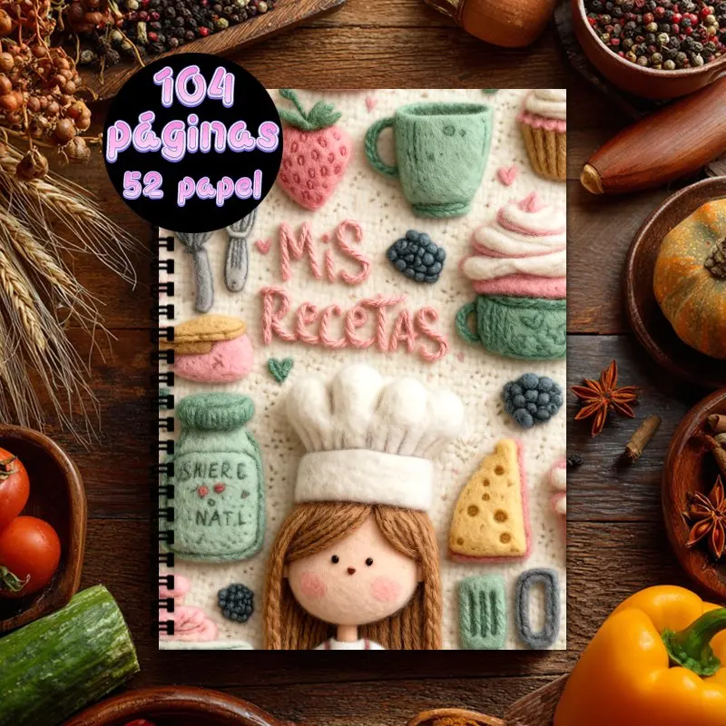 Cuaderno de recetas en español A5 - Colección de recetas de tapa dura con encuadernación en espiral, puede contener 100 recetas, ilustración temática para hornear
