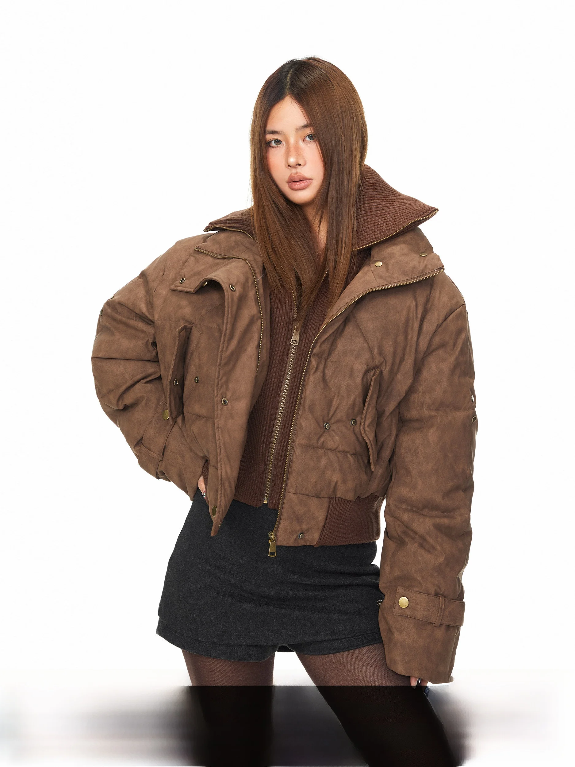 

Blackbb Thickened Pu Leather Jacket Cotton Vest Vintage Design Loose Slimming Rivet Embellished Cotton Clothes for Women