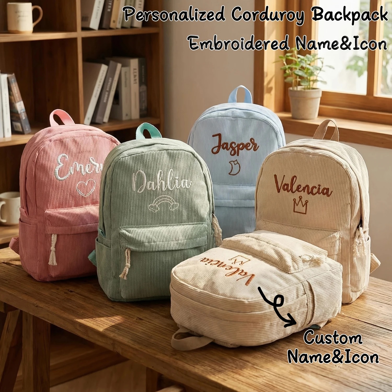 1pc Custom Name & Icon Embroidered Corduroy Backpack Soft Kids Kindergarten School Bag Boys Girls Travel Daypack Back To Sc