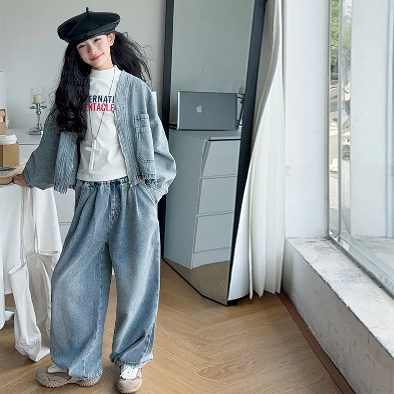 

School Girls Autumn 3pcs Denim Sets Letter Printed Undershirt+Round Neck Coat+Straight Leg Jean Children Girls Fashion Outfit