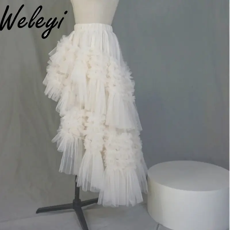 

Fairy Beige Mesh Fluffy Cake Skirt Woman 2024 Fall New JK Lotus Leaf Edge Big Swing Solid Color Front Short Back Long Skirts