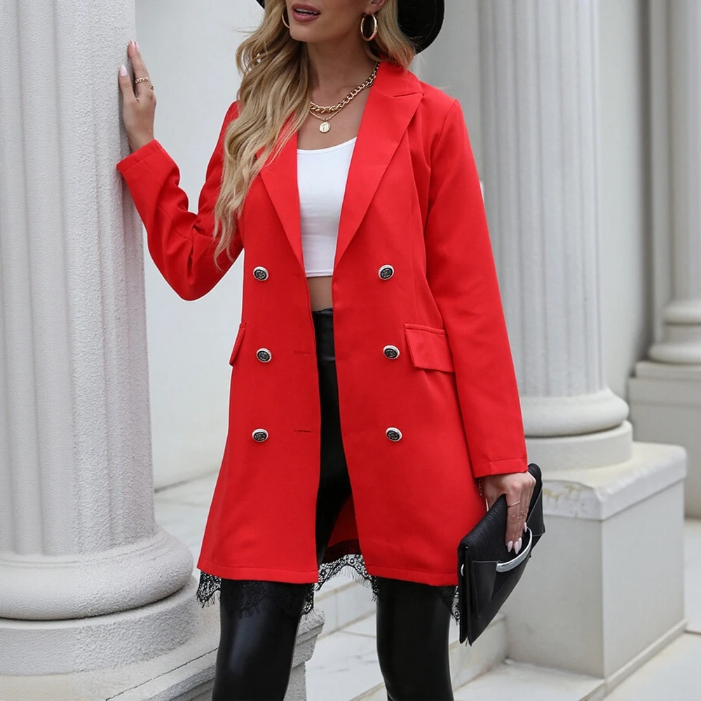 เสื้อเบลเซอร์ผู้หญิงสีพื้น ความยาวปานกลาง สไตล์ยุโรปอเมริกัน สำหรับฤดูใบไม้ร่วงและฤดูหนาว แฟชั่นทันสมัย