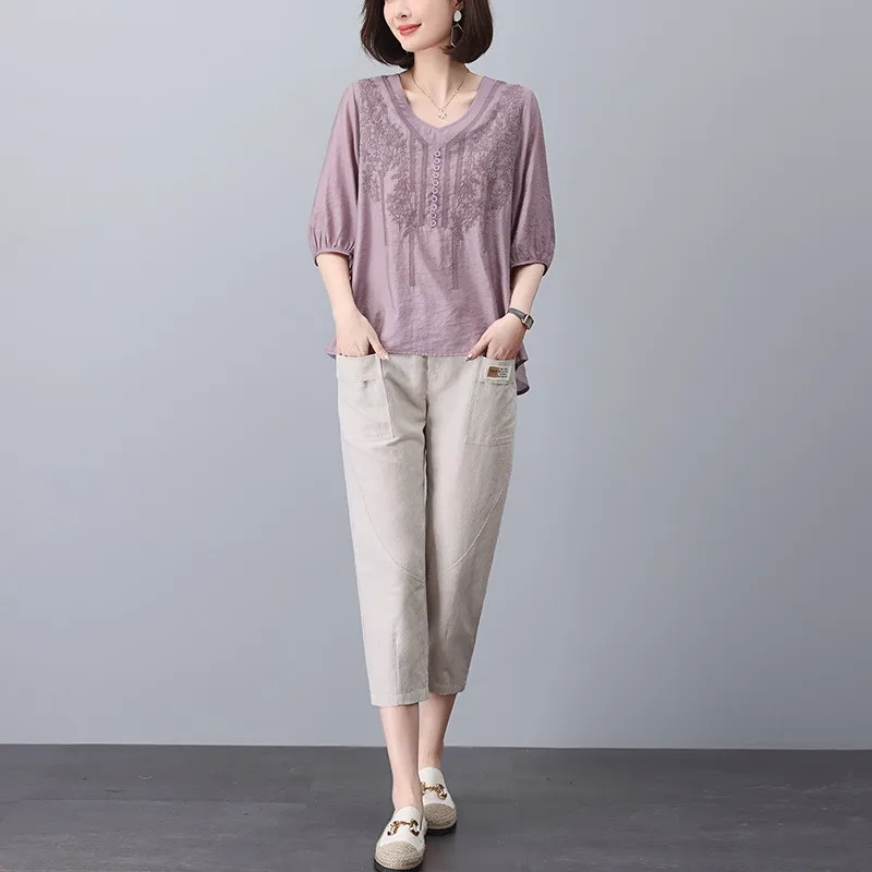 Baumwoll-Leinen-Set für Damen, Sommer, 2024, Faion, locker, Übergröße, Leinen, kleine Mutter, trendiges Anti-Aging-Zweiteiler-Set, lässiges Sle Pure...